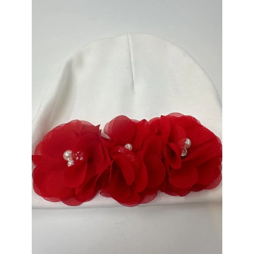 Handmade Infant Girl Beanie Hat Red White Neutral Christmas Holidays Valentines